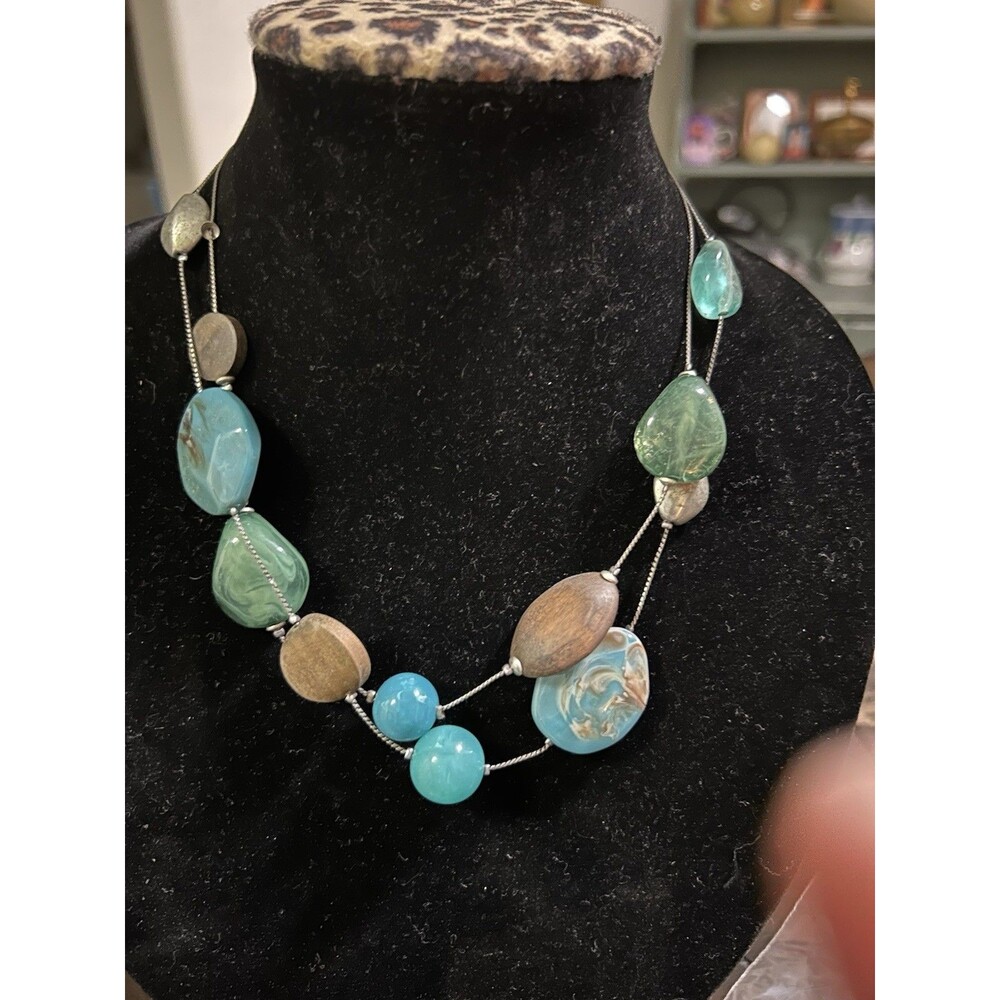 Vintage Silver With Aqua Double Strand Amazonite Howlite Necklace 18 Inch